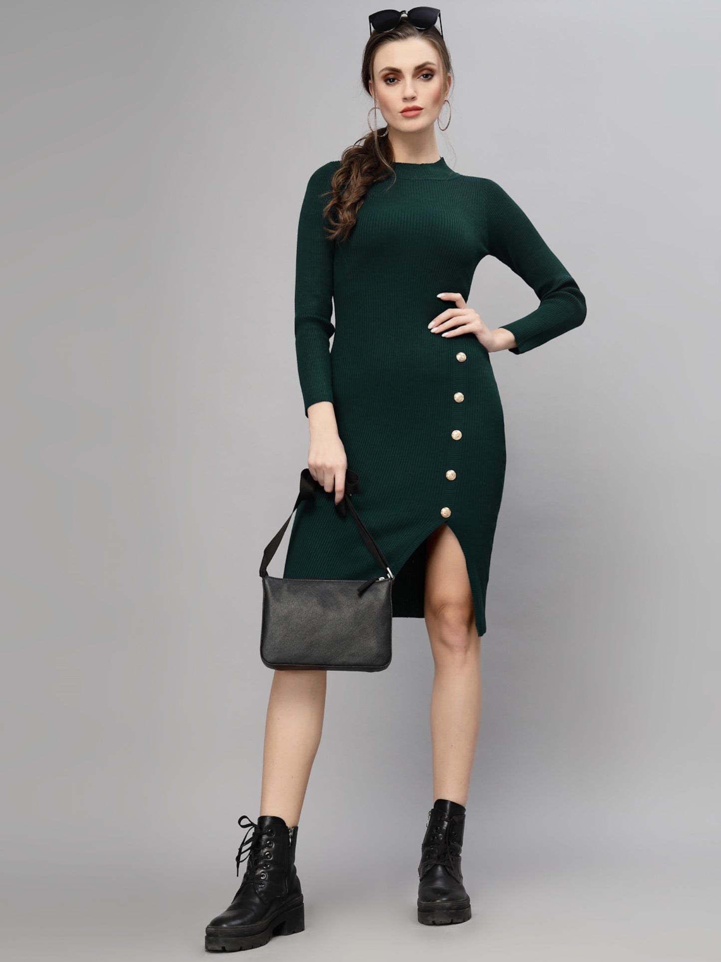 Mafadeny Women Green Bodycon Cut Winter Dress