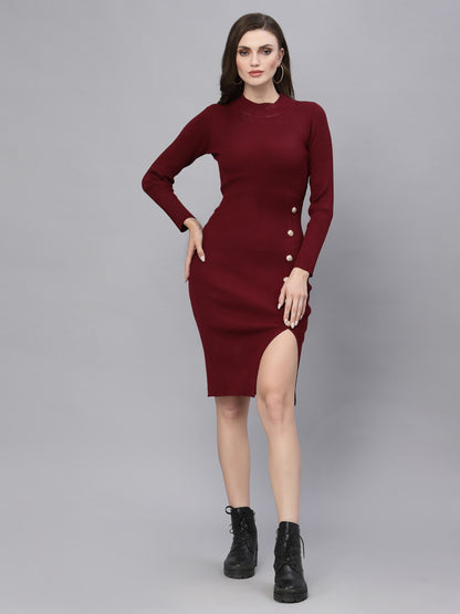 Mafadeny Womens Maroon Bodycon Warm Dress