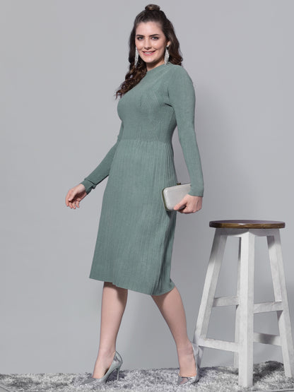 Mafadeny Women Green Midi Fit and Flare Warm Dress