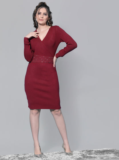 Mafadeny Women Maroon Sheath Winter Dress