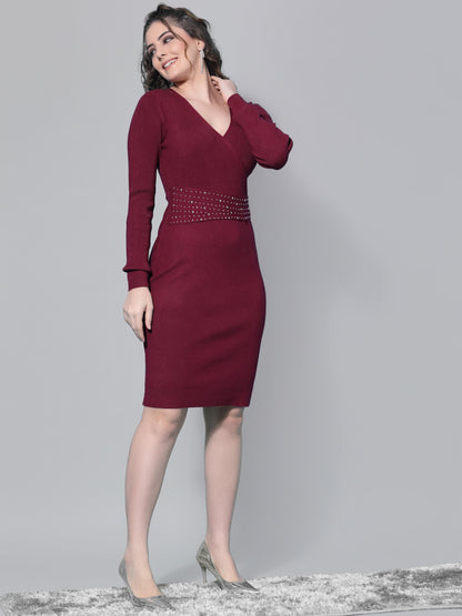 Mafadeny Women Maroon Sheath Winter Dress