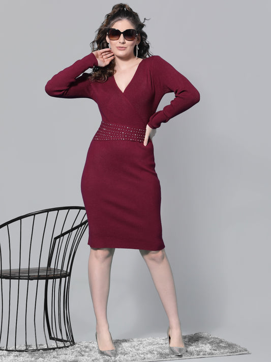 Mafadeny Women Maroon Sheath Winter Dress