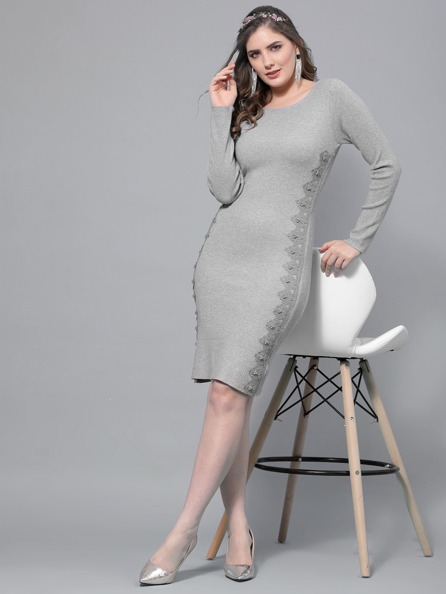 Mafadeny Women Grey Sheath Stylish & Warm Dress