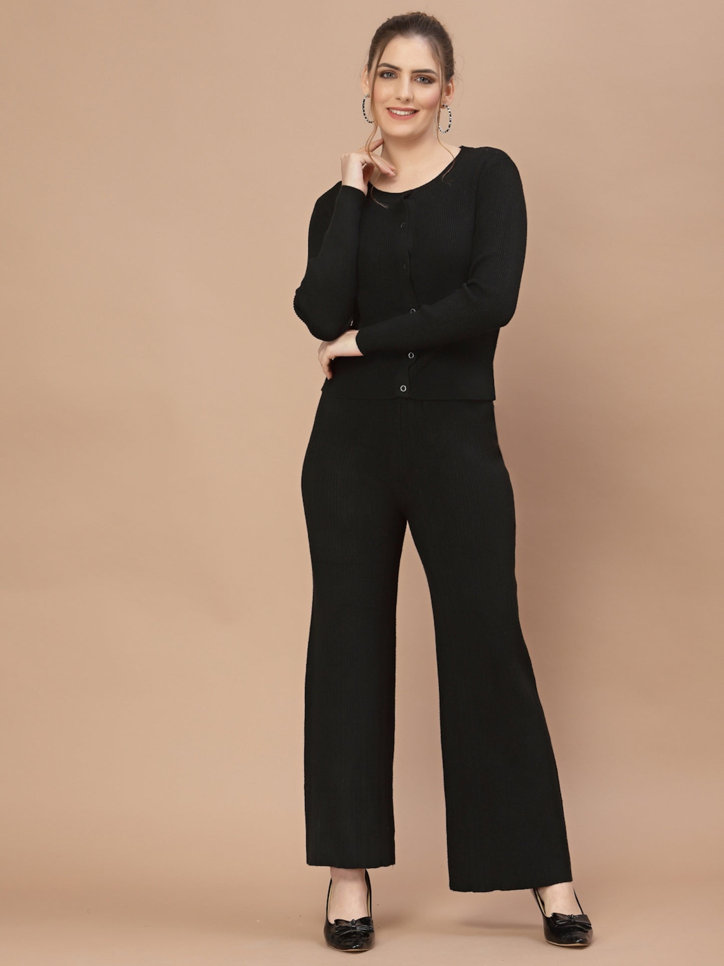 Mafadeny Women Black Ribbed Co-Ords With Shrug