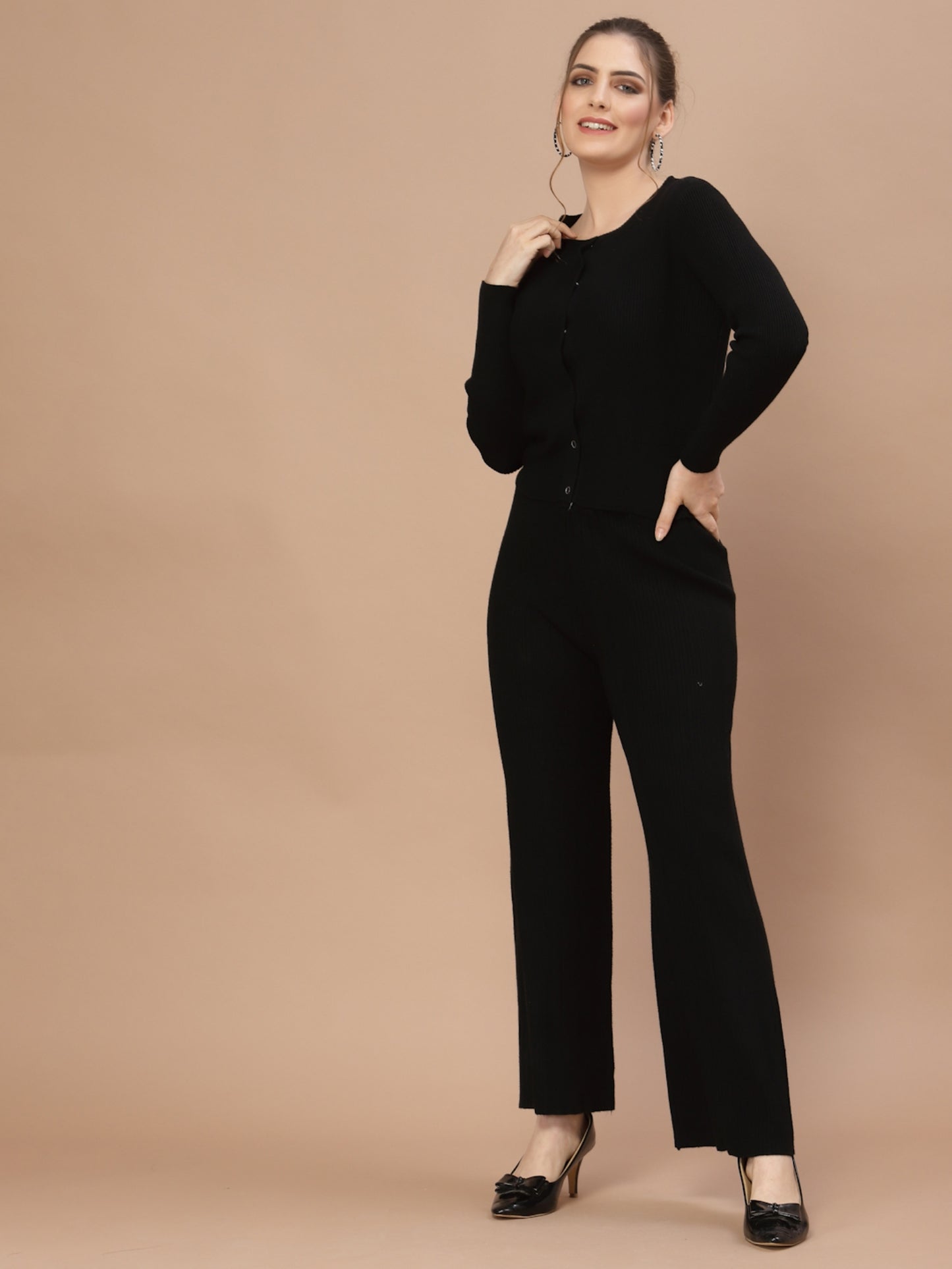 Mafadeny Women Black Ribbed Co-Ords With Shrug