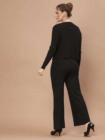 Mafadeny Women Black Ribbed Co-Ords With Shrug