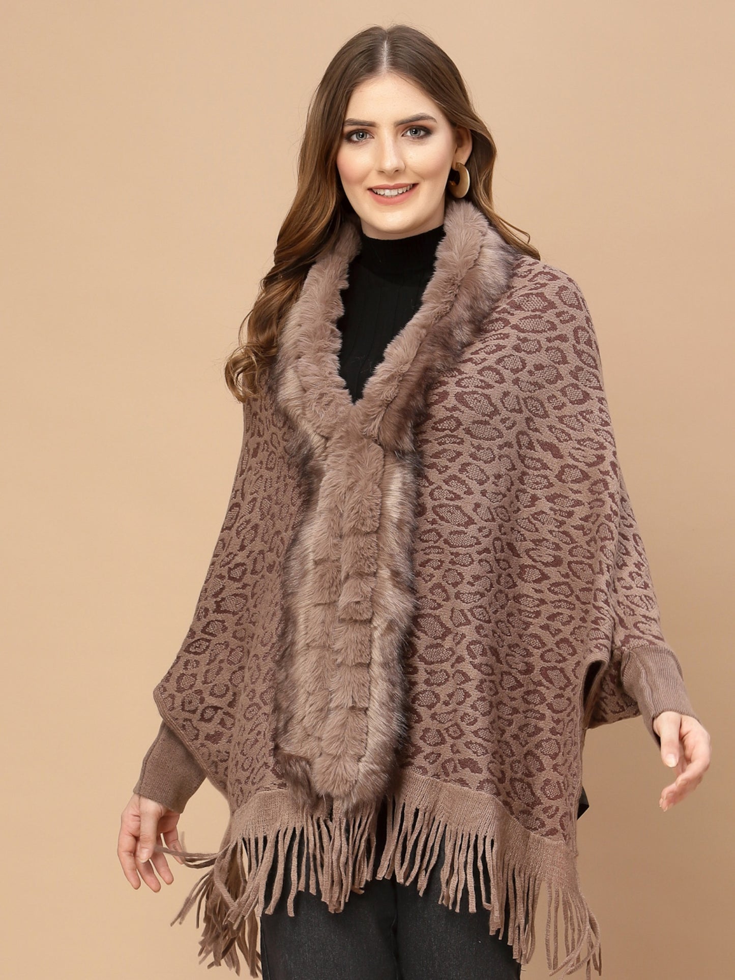 Mafadeny Women Brown Animal Poncho