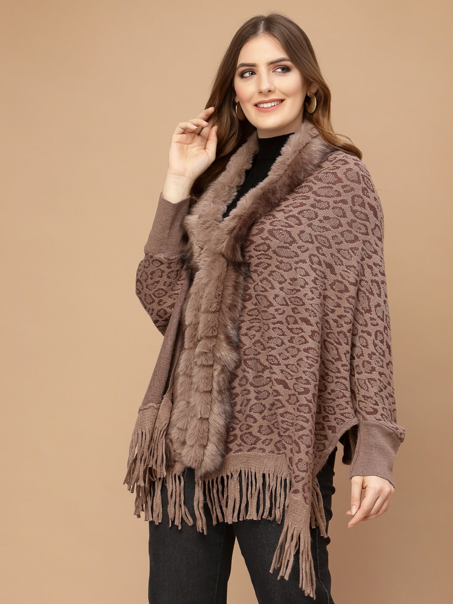 Mafadeny Women Brown Animal Poncho