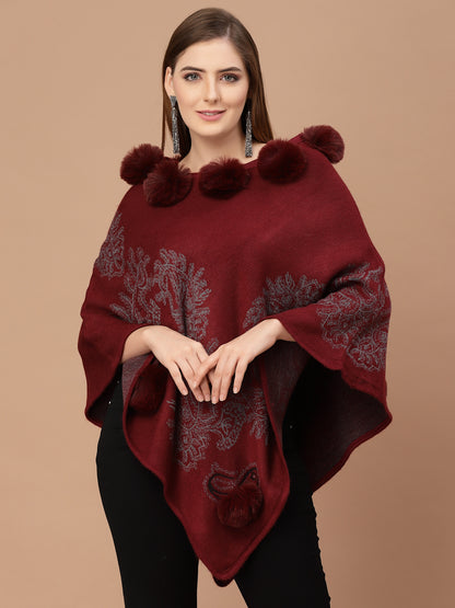 Mafadeny Women Winter Wear Maroon Poncho