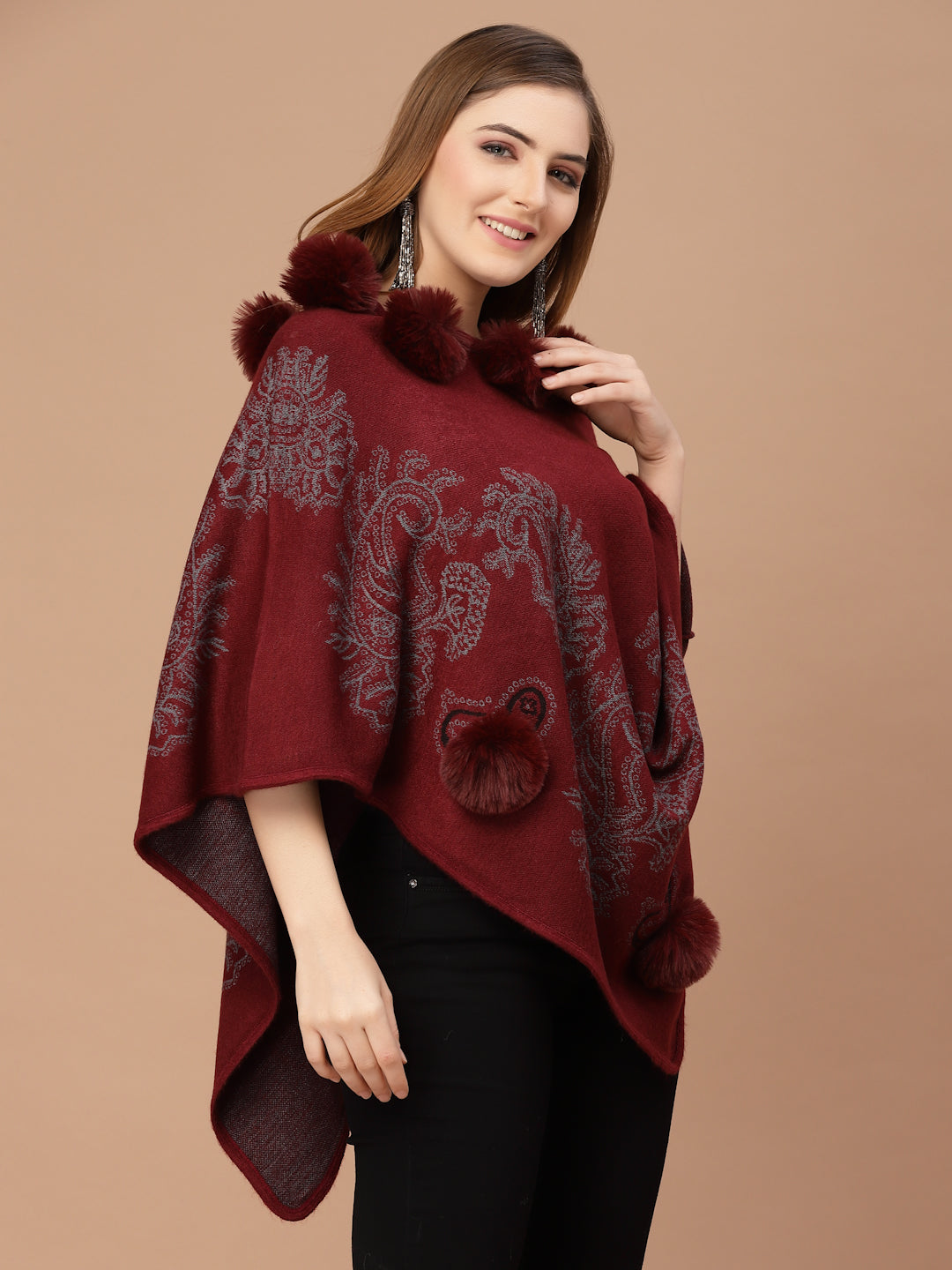 Mafadeny Women Winter Wear Maroon Poncho