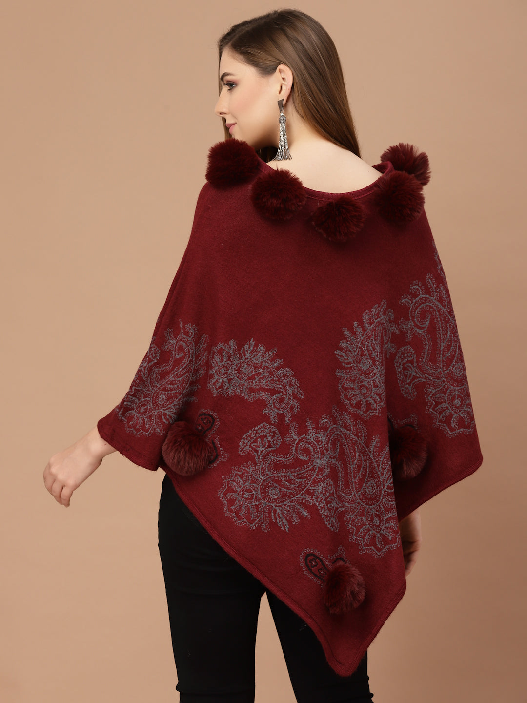 Mafadeny Women Winter Wear Maroon Poncho