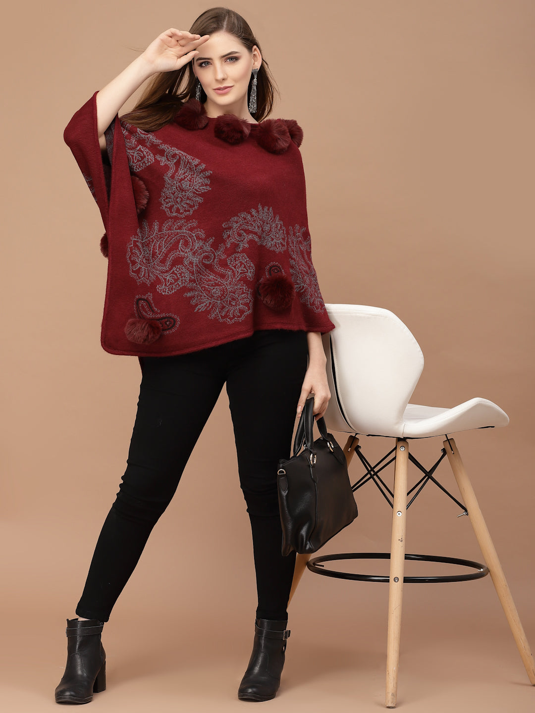 Mafadeny Women Winter Wear Maroon Poncho