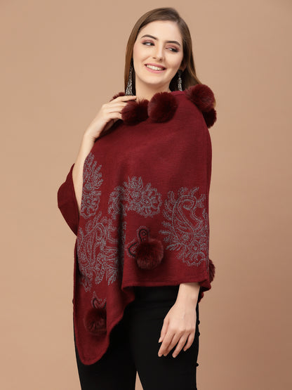 Mafadeny Women Winter Wear Maroon Poncho