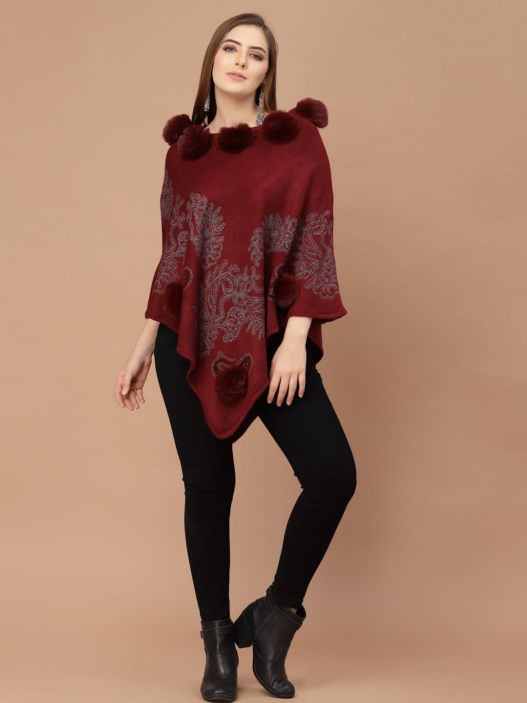 Mafadeny Women Winter Wear Maroon Poncho