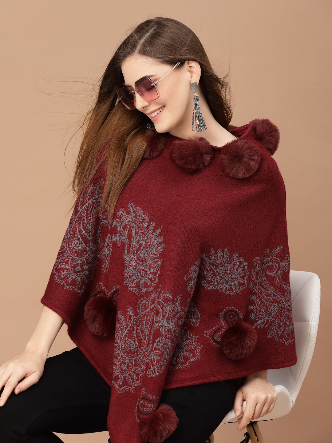 Mafadeny Women Winter Wear Maroon Poncho