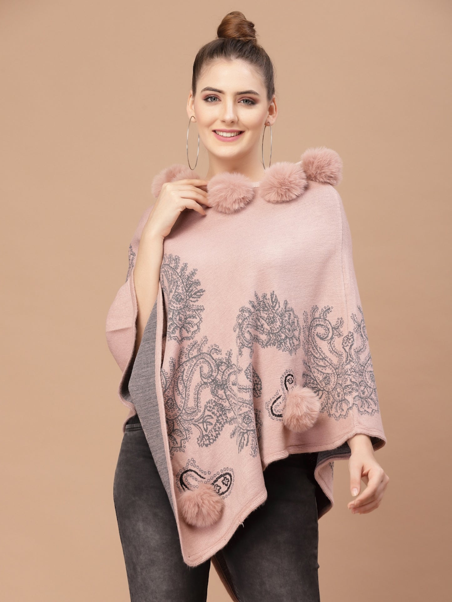 Mafadeny Women Winter Wear Peach Poncho