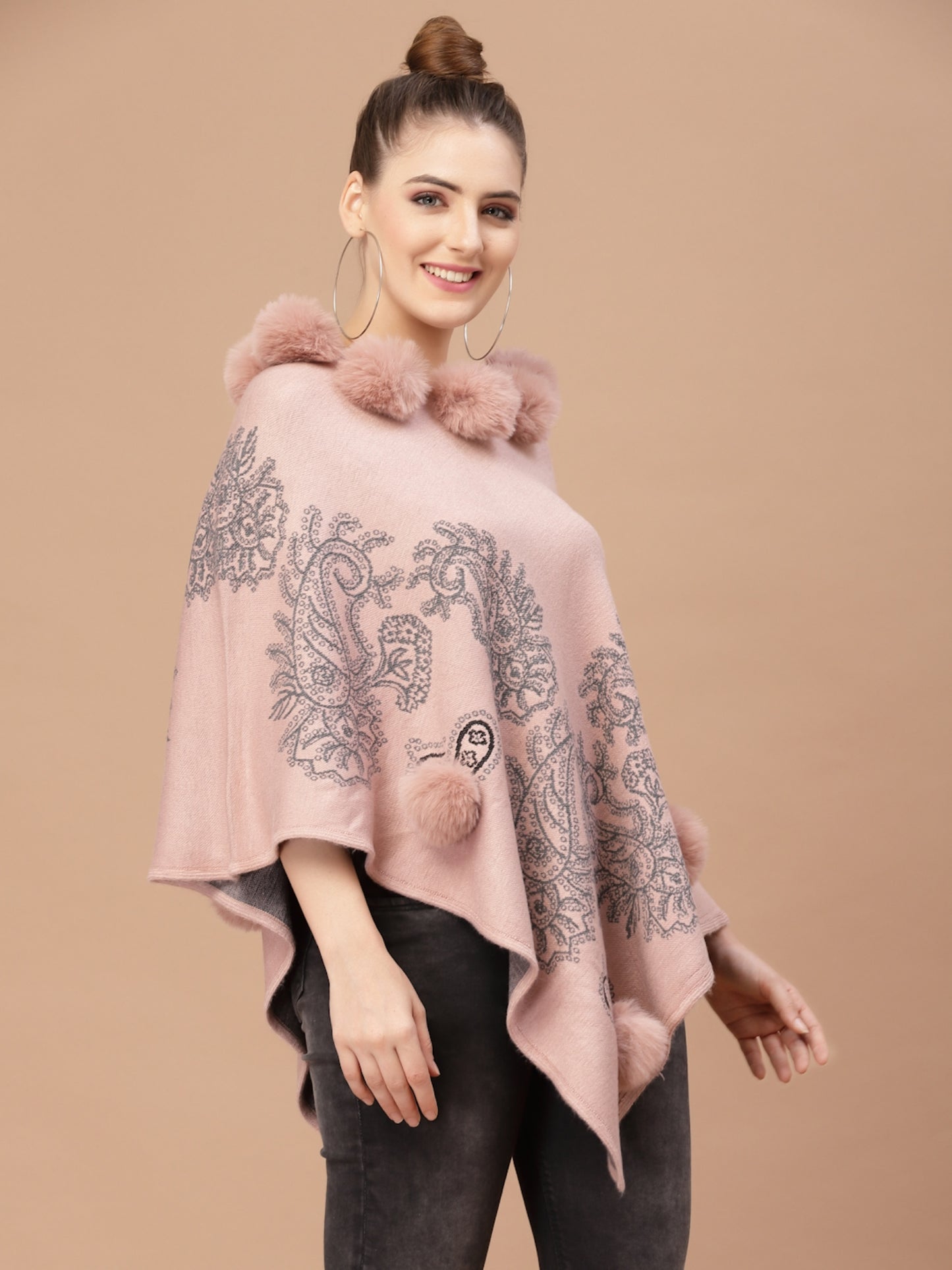 Mafadeny Women Winter Wear Peach Poncho