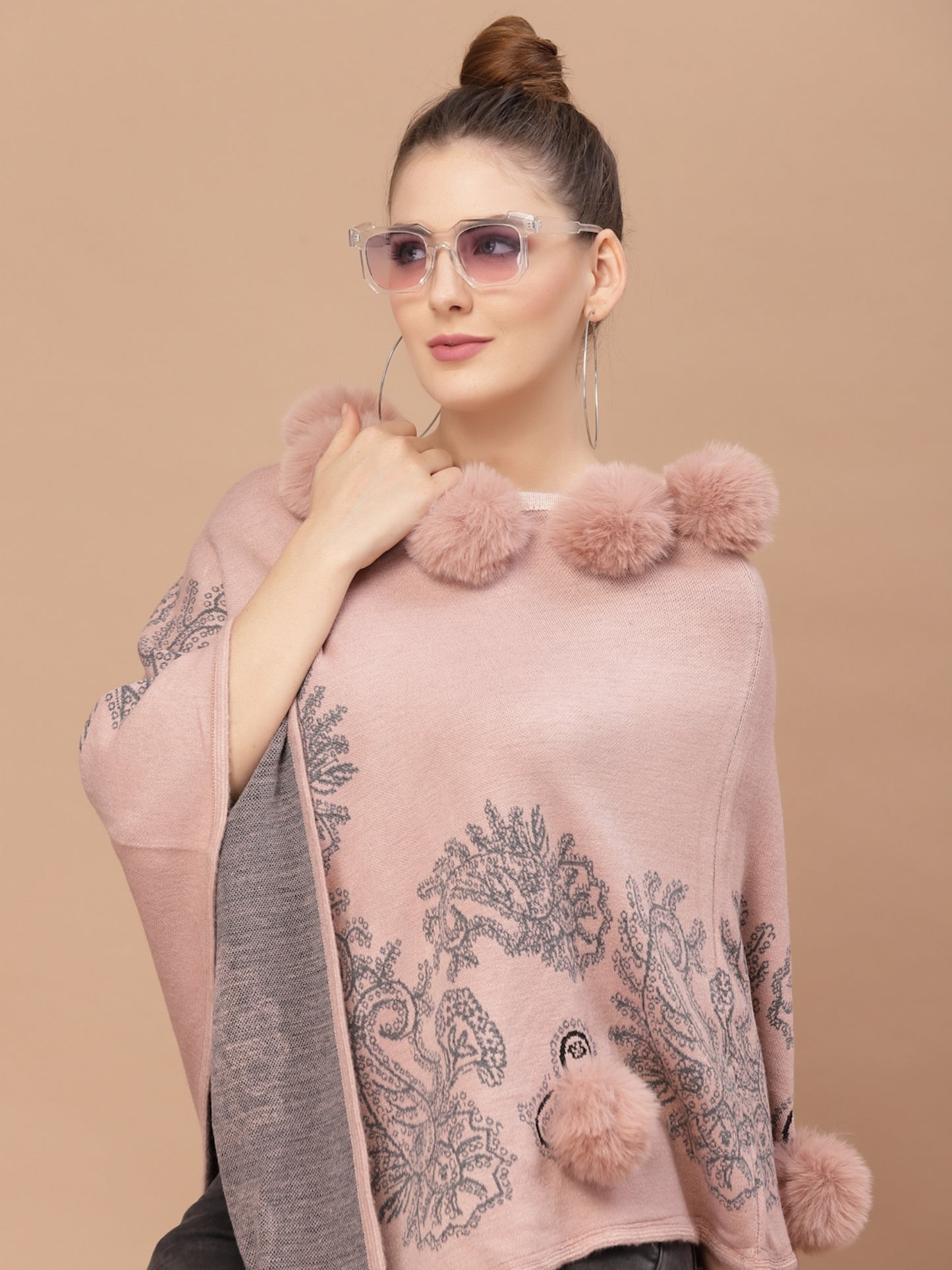 Mafadeny Women Winter Wear Peach Poncho