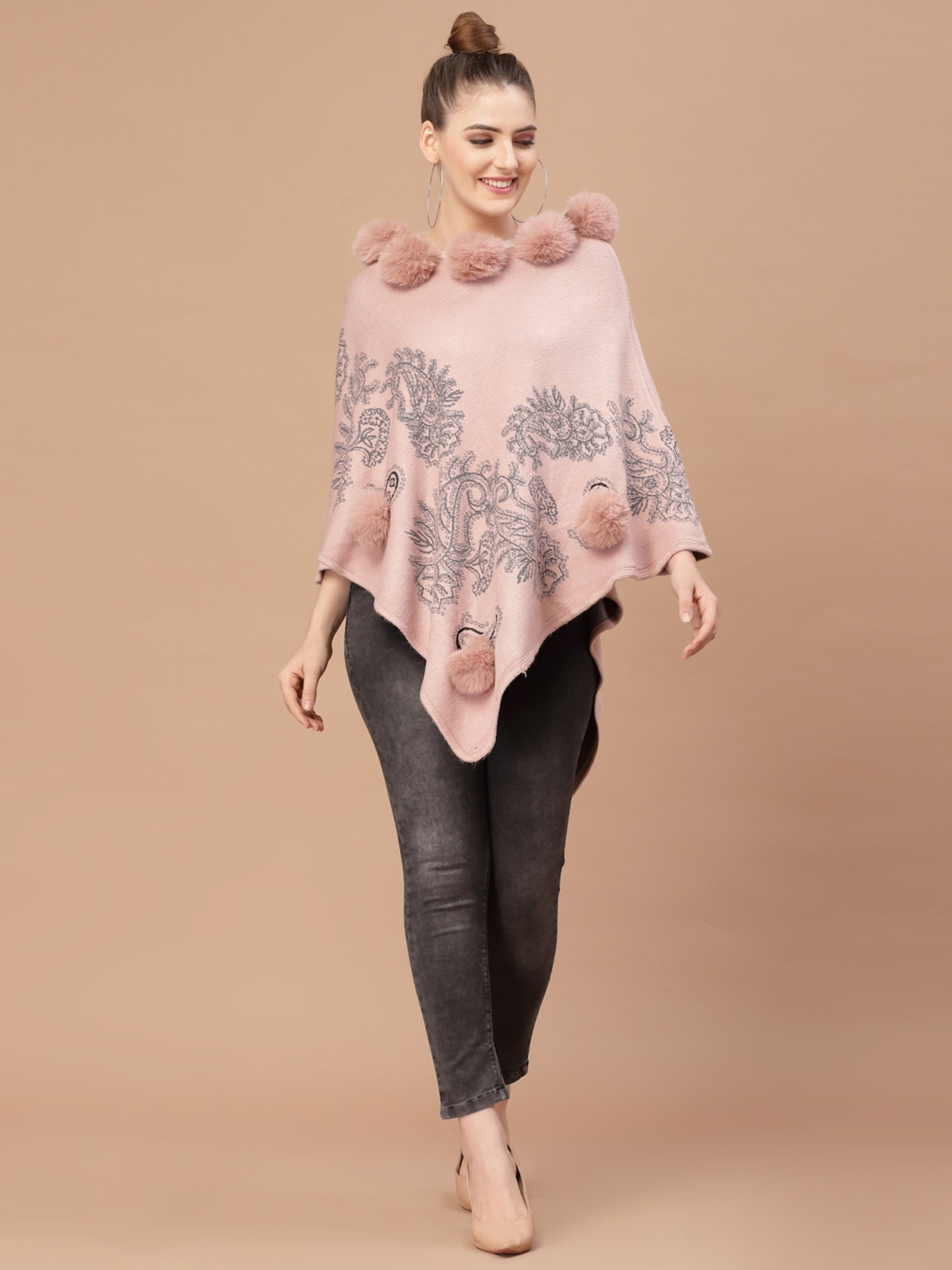 Mafadeny Women Winter Wear Peach Poncho