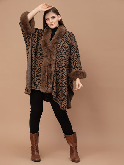 Mafadeny Women Winter Wear Brown Animal Poncho