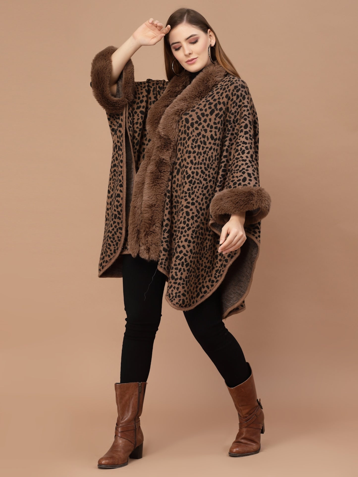 Mafadeny Women Winter Wear Brown Animal Poncho