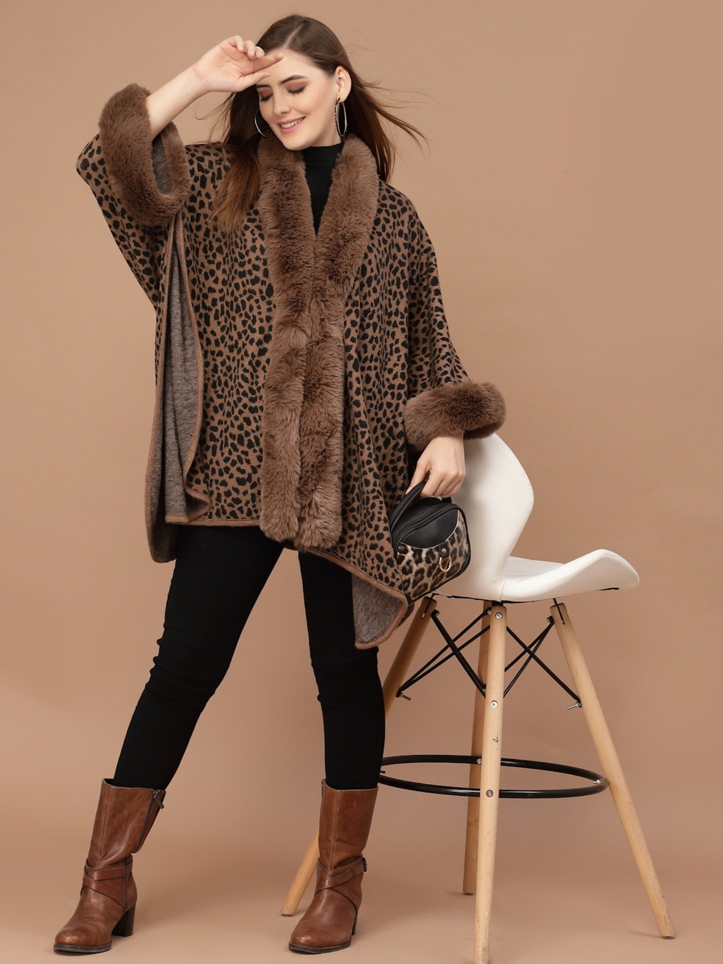 Mafadeny Women Winter Wear Brown Animal Poncho