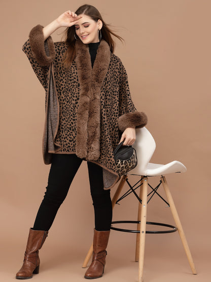 Mafadeny Women Winter Wear Brown Animal Poncho