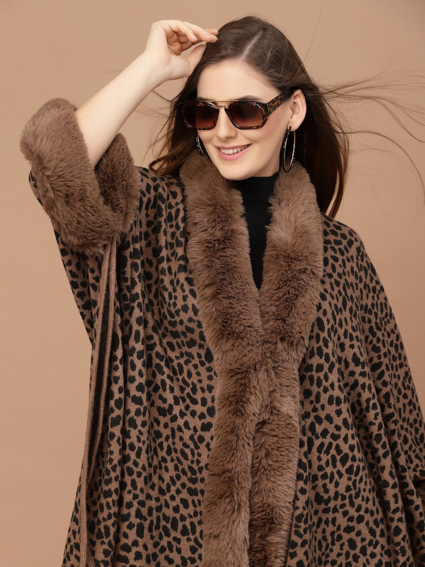 Mafadeny Women Winter Wear Brown Animal Poncho