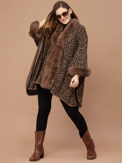 Mafadeny Women Winter Wear Brown Animal Poncho