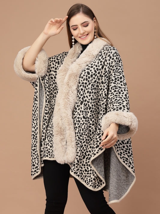 Mafadeny Women Beige & Black Animal Printed Poncho