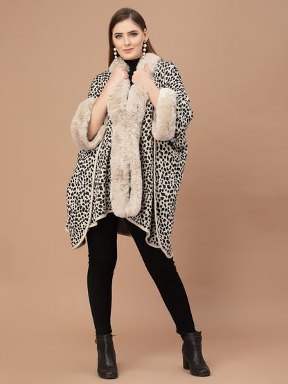 Mafadeny Women Beige & Black Animal Printed Poncho