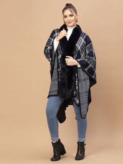 Mafadeny Women Blue & White Checked Poncho Sweater