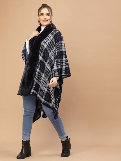 Mafadeny Women Blue & White Checked Poncho Sweater