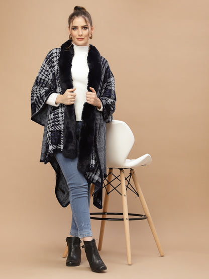 Mafadeny Women Blue & White Checked Poncho Sweater