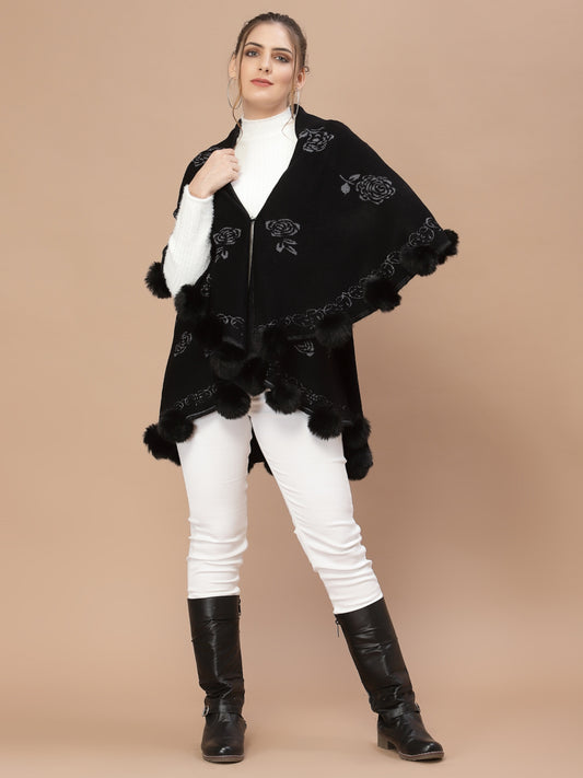 Mafadeny Women Black Floral Poncho