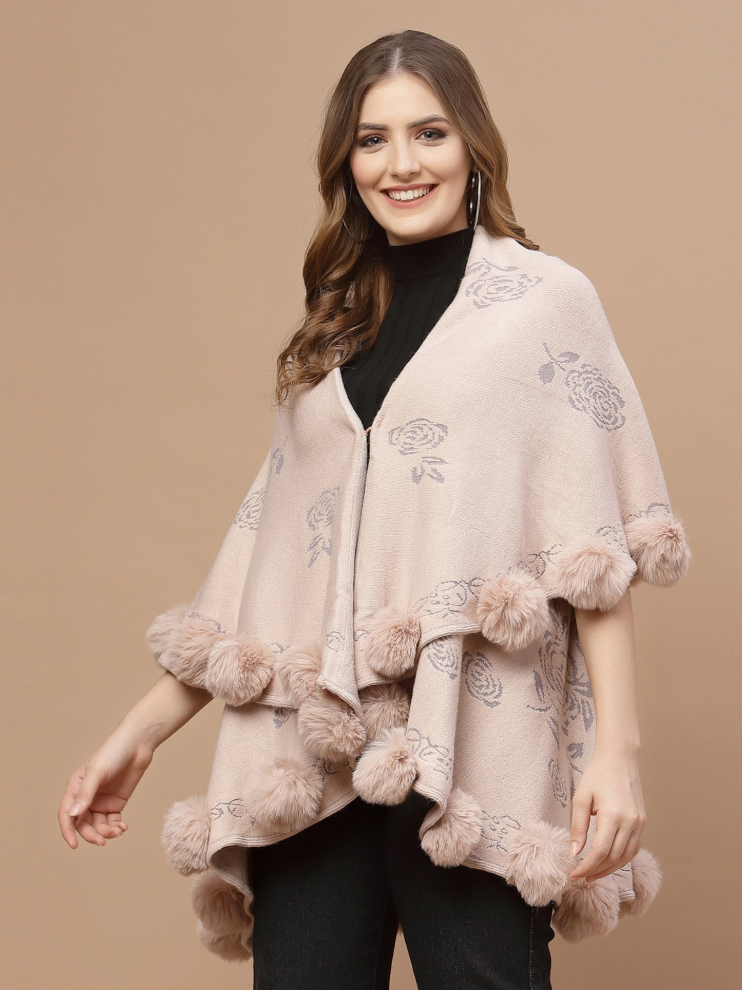 Mafadeny Women Peach Floral Poncho