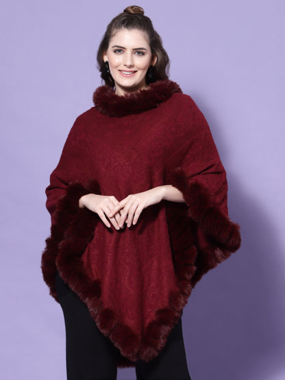 Mafadeny Women Maroon Solid Faux Fur Asymmetric Hem Poncho