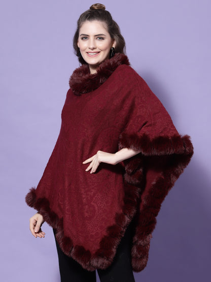 Mafadeny Women Maroon Solid Faux Fur Asymmetric Hem Poncho