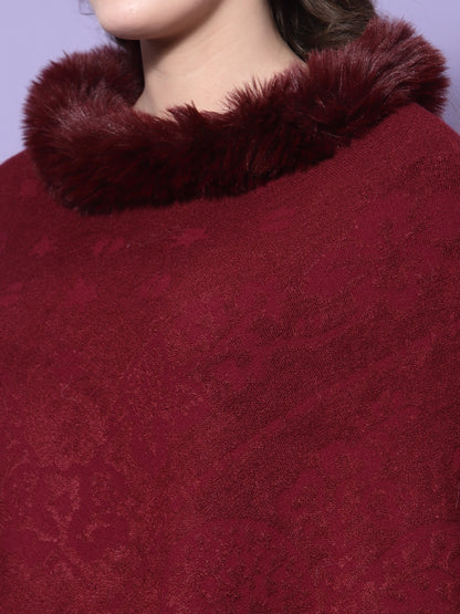 Mafadeny Women Maroon Solid Faux Fur Asymmetric Hem Poncho