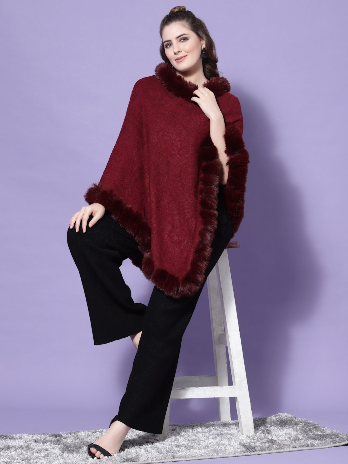 Mafadeny Women Maroon Solid Faux Fur Asymmetric Hem Poncho