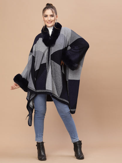 Mafadeny Women Blue & Grey Colourblocked Poncho