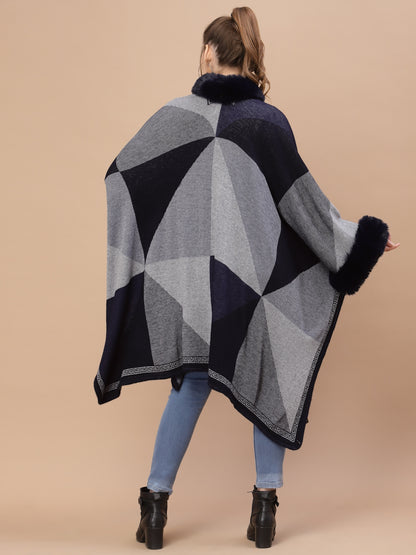 Mafadeny Women Blue & Grey Colourblocked Poncho