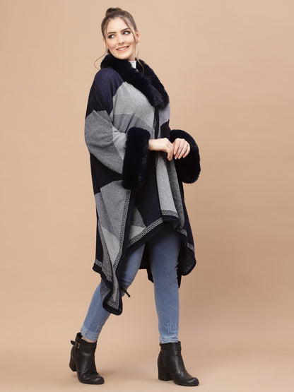 Mafadeny Women Blue & Grey Colourblocked Poncho