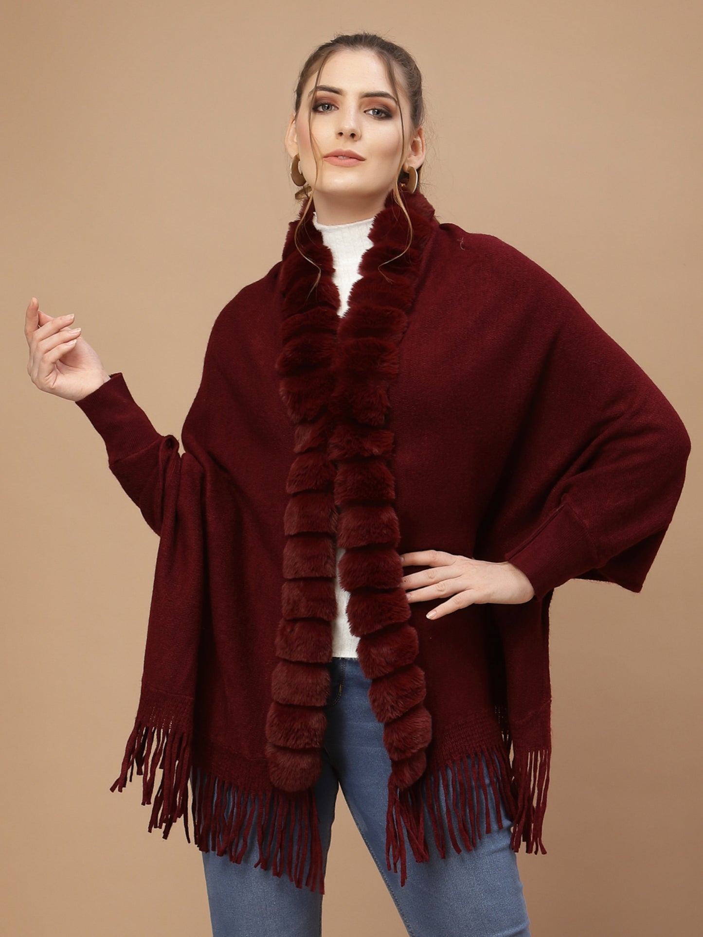 Mafadeny Women Maroon Long Sleeve Poncho