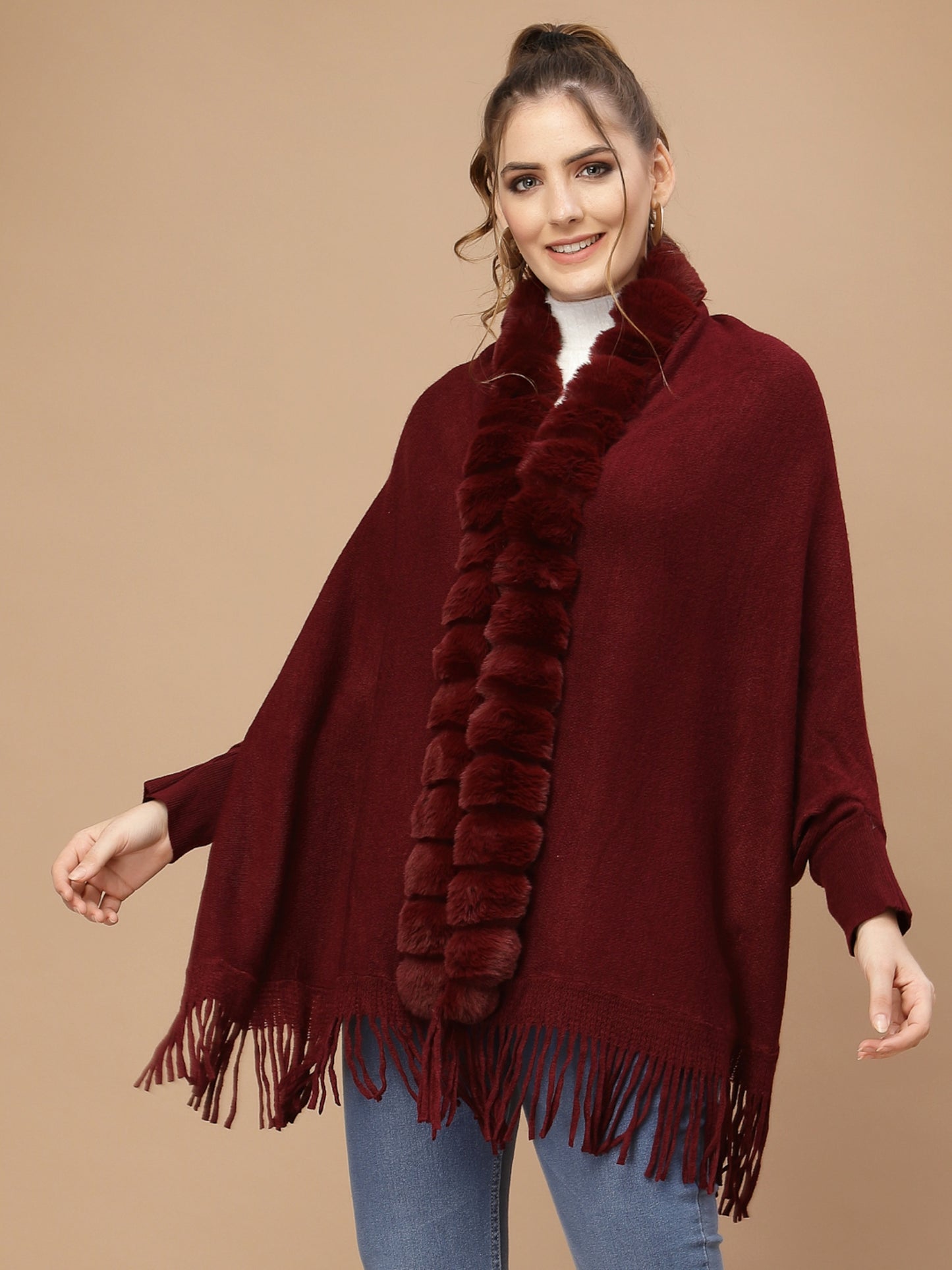 Mafadeny Women Maroon Long Sleeve Poncho