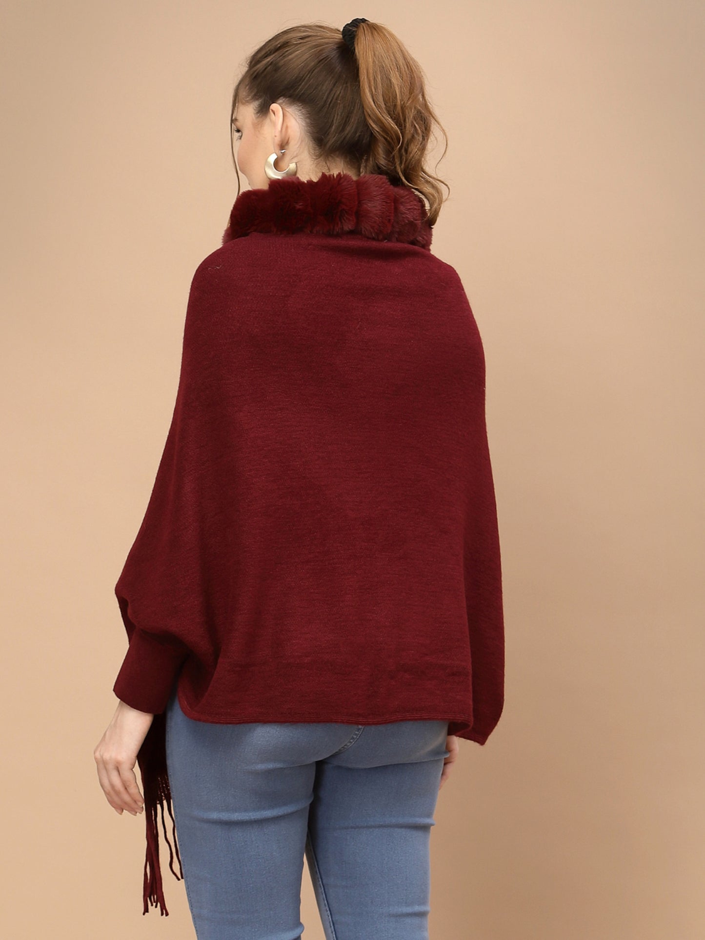 Mafadeny Women Maroon Long Sleeve Poncho