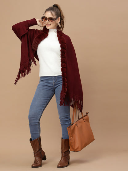 Mafadeny Women Maroon Long Sleeve Poncho