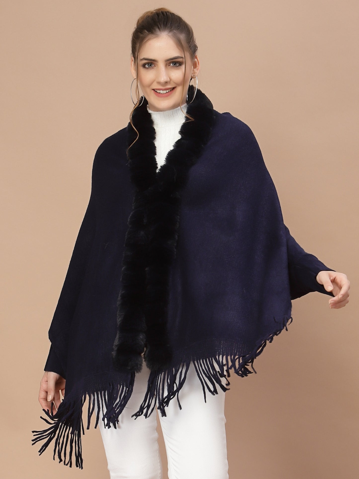 Mafadeny Women Navy Blue Long Sleeve Poncho