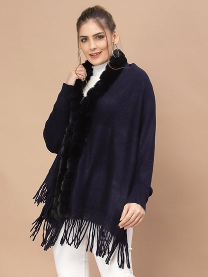 Mafadeny Women Navy Blue Long Sleeve Poncho