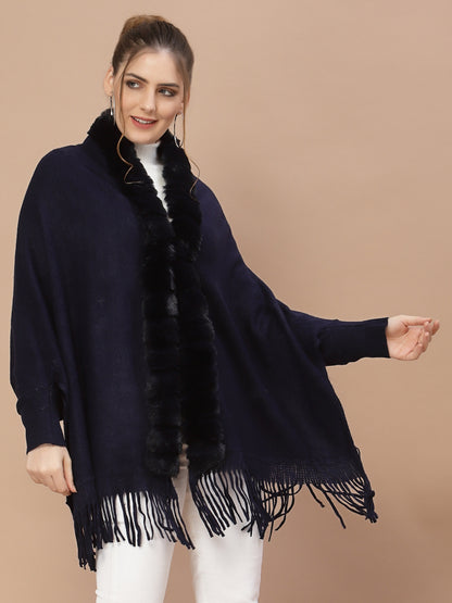 Mafadeny Women Navy Blue Long Sleeve Poncho